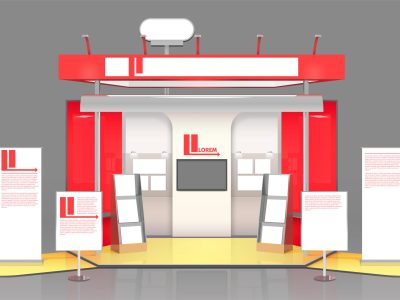 3D exhibit booth composition with promo leaflets advertising banners with text and notice board stand design vector illustration
